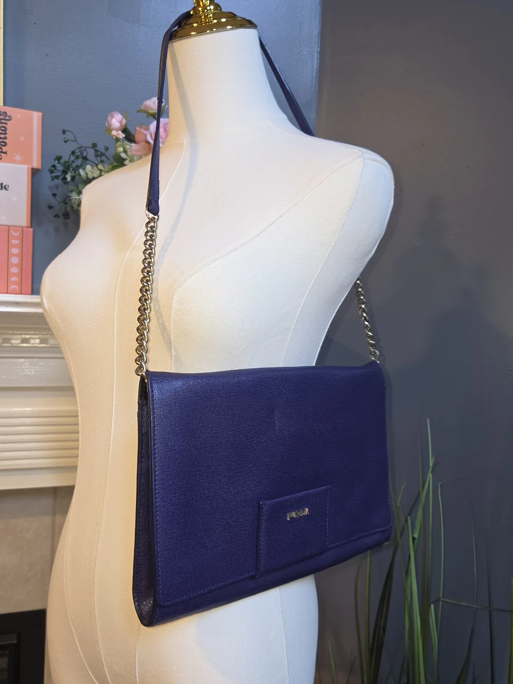 Furla Deep Blue Leather Chain-Trim Removeable Shoulder Bag